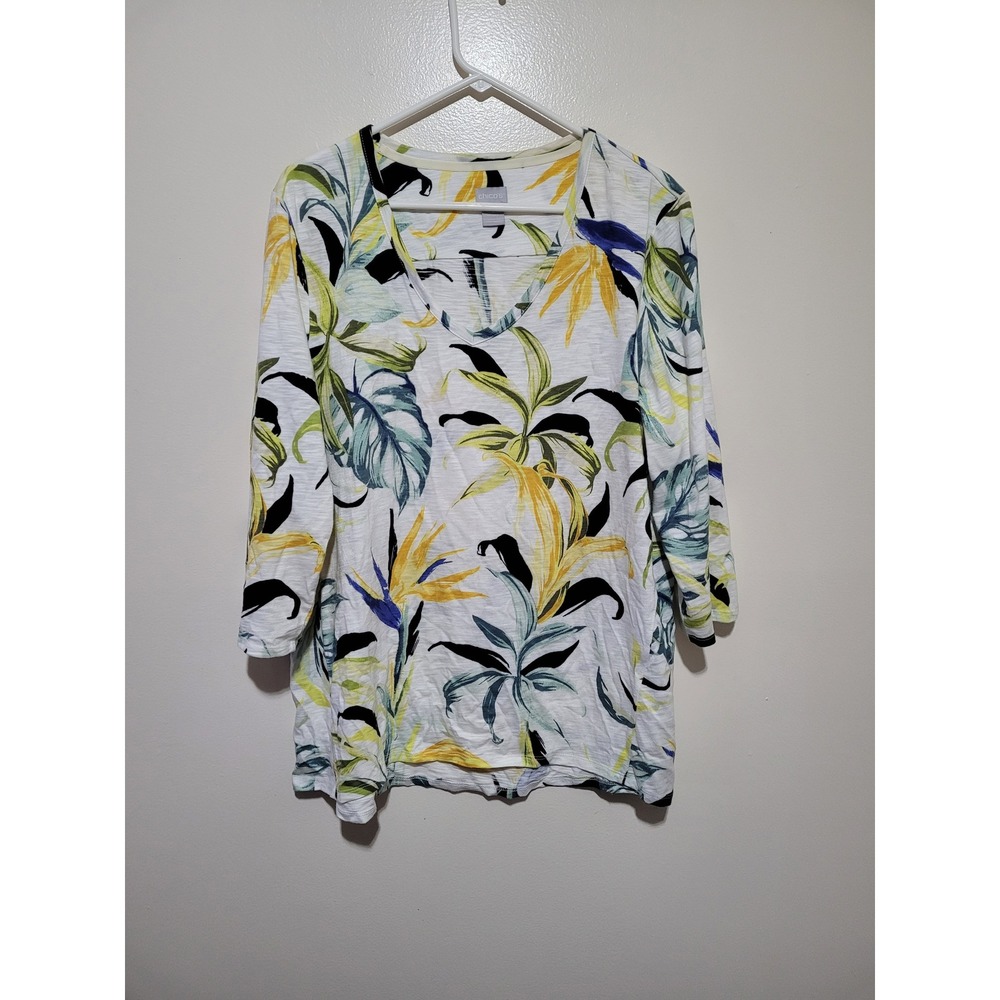 Chico's Tropical Floral V-Neck Top Womens XL 3 White Yellow Blue 3/4 Sleeve